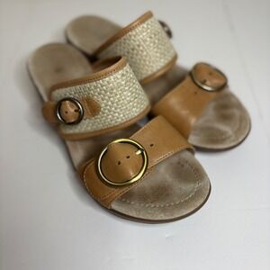 Dansko Lenny Tan Leather Straw Buckle Slide Sandals Size 37‎